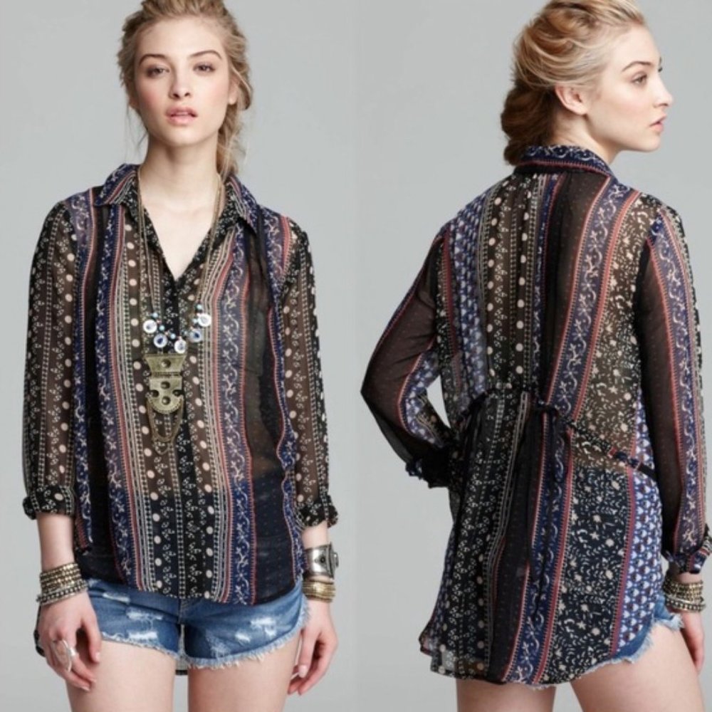 Free People / Sheer Button Down Boho Blouse